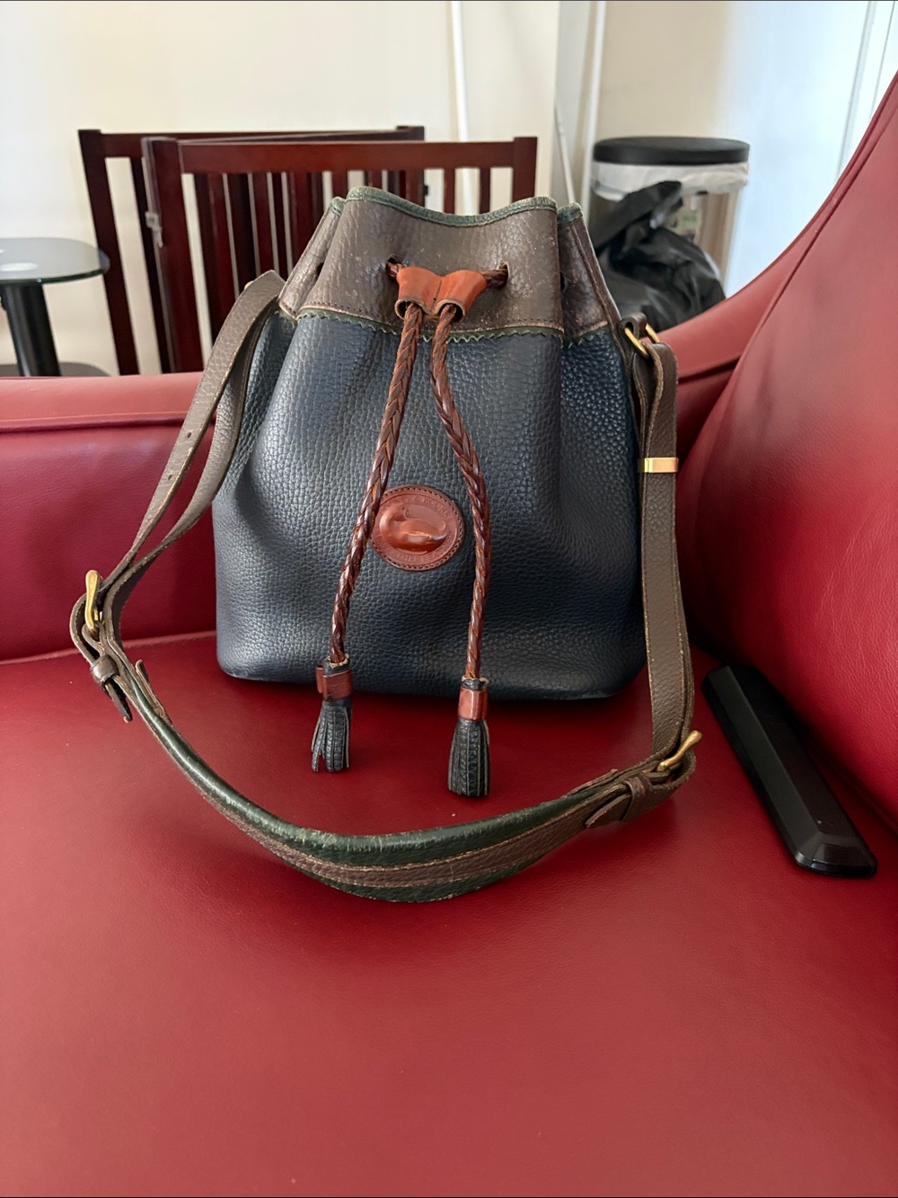 Dooney & Bourke Black Pebbled Leather Bucket Drawstring Bag with Brown Trim